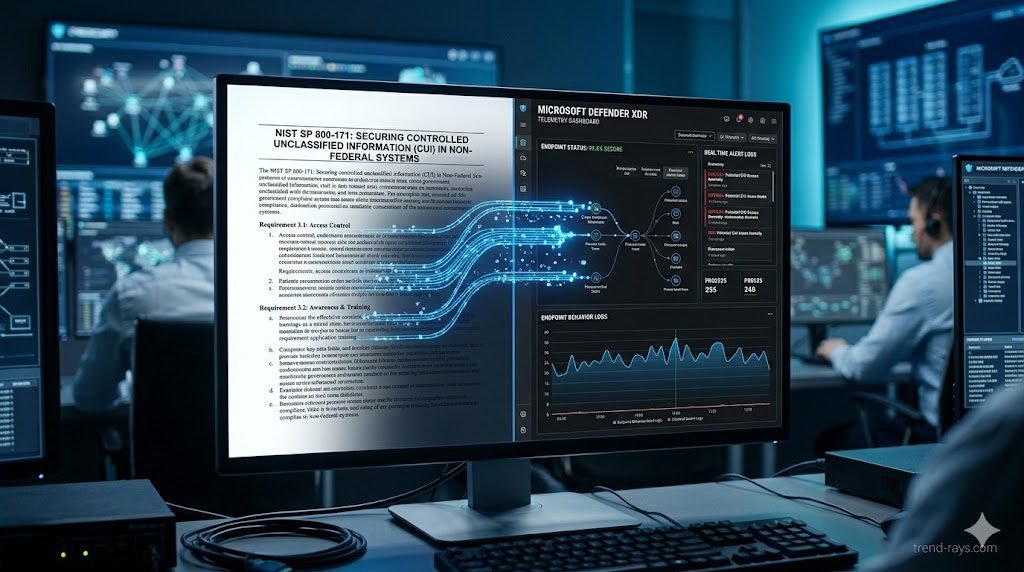 A highly photorealistic, 16:9 cinematic image of a modern cybersecurity operations center. On the main glowing monitor, a split screen shows a strict government compliance document labeled "NIST SP 800-171" on the left, digitally linked by glowing blue data streams to a sleek, dark-mode Microsoft Defender XDR telemetry dashboard on the right. Professional corporate IT lighting. 