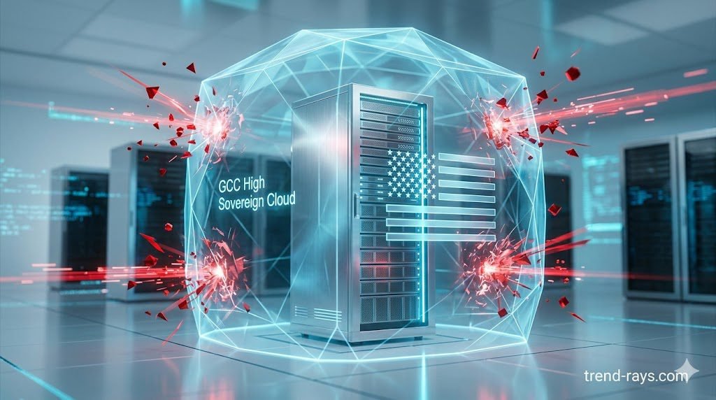 A 16:9 minimalist, premium 3D render of a secure cloud server architecture. A glowing, metallic server rack is encased in an impenetrable, translucent digital vault bearing an abstract American flag emblem, representing the GCC High sovereign cloud. Red digital threats attempt to breach the vault but are deflected. Clean, high-tech corporate aesthetic. 