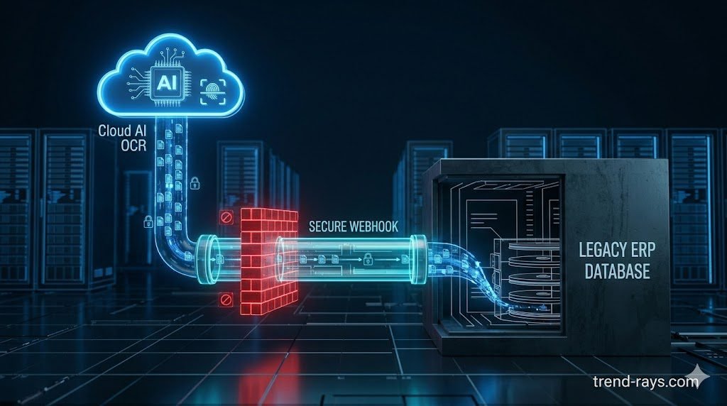 Integrating SOC-2 Compliant AI OCR with Legacy On-Premise ERP Systems 2 A clean, photorealistic 16:9 3D conceptual diagram of enterprise financial infrastructure. On the top left, a glowing "Cloud AI OCR" node sends a blue, encrypted data stream down through a secure, glowing tunnel labeled "Secure Webhook." The tunnel bypasses a red, brick-wall firewall and connects safely into a massive, monolithic "Legacy ERP Database" vault at the bottom right. Clean, high-tech corporate aesthetic.