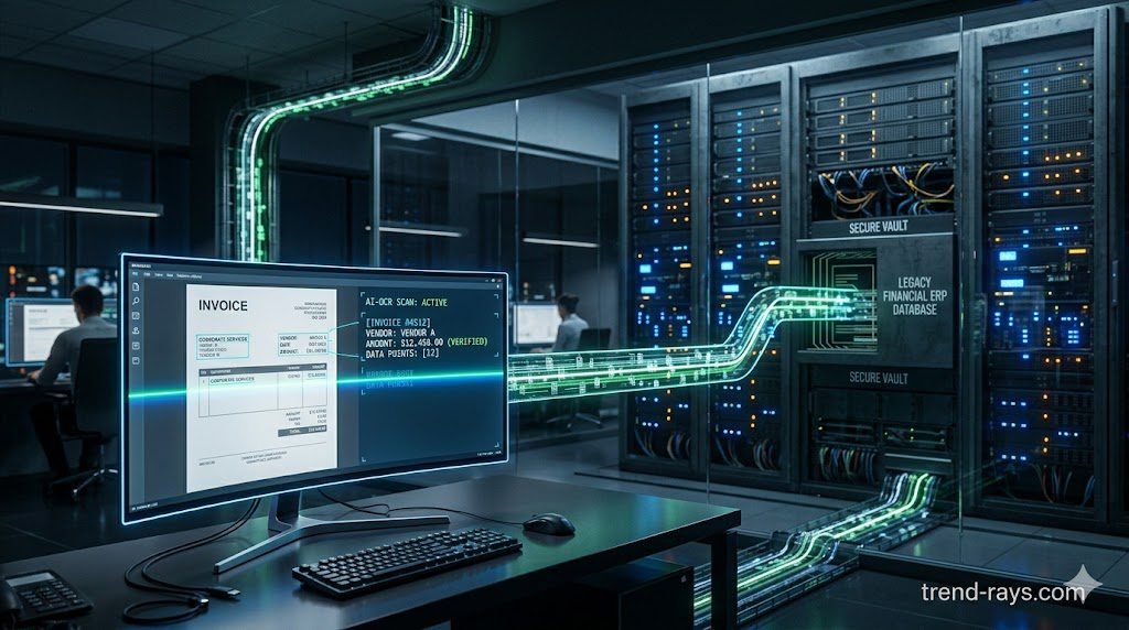 Integrating SOC-2 Compliant AI OCR with Legacy On-Premise ERP Systems 1 A highly photorealistic, 16:9 cinematic image of a modern financial operations center. In the foreground, a sleek glowing monitor displays a high-tech AI OCR interface scanning an invoice, overlaying digital data points. In the background, a massive, slightly older corporate server rack is visible, connected to the monitor by glowing green digital data streams. High contrast, professional corporate lighting (deep blues and amber).