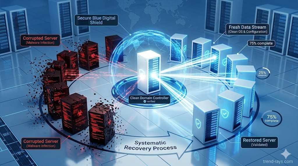 Emergency Triage: Bare-Metal Active Directory Forest Recovery Post-Ransomware 2 A clean, photorealistic 16:9 3D conceptual diagram of enterprise network recovery. A single, glowing white "Clean Domain Controller" server stands in the center inside a secure blue digital shield. Around it, corrupted red server blocks are being systematically deleted and replaced by fresh, clean data streams emanating from the center. Corporate tech aesthetic.