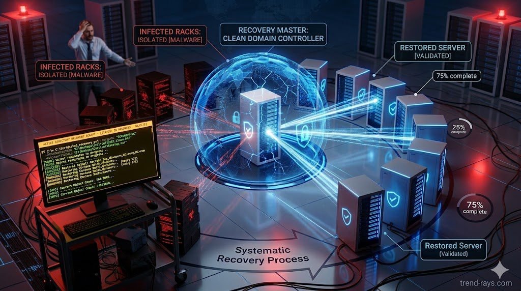 Emergency Triage: Bare-Metal Active Directory Forest Recovery Post-Ransomware 1 A highly photorealistic, 16:9 cinematic image of a dark, stressed enterprise server room. In the foreground, a glowing monitor displays a stark command-line interface running a complex Active Directory recovery script. Red warning lights reflect off the server racks. A frantic IT director stands in the blurred background. High contrast, emergency tech lighting.