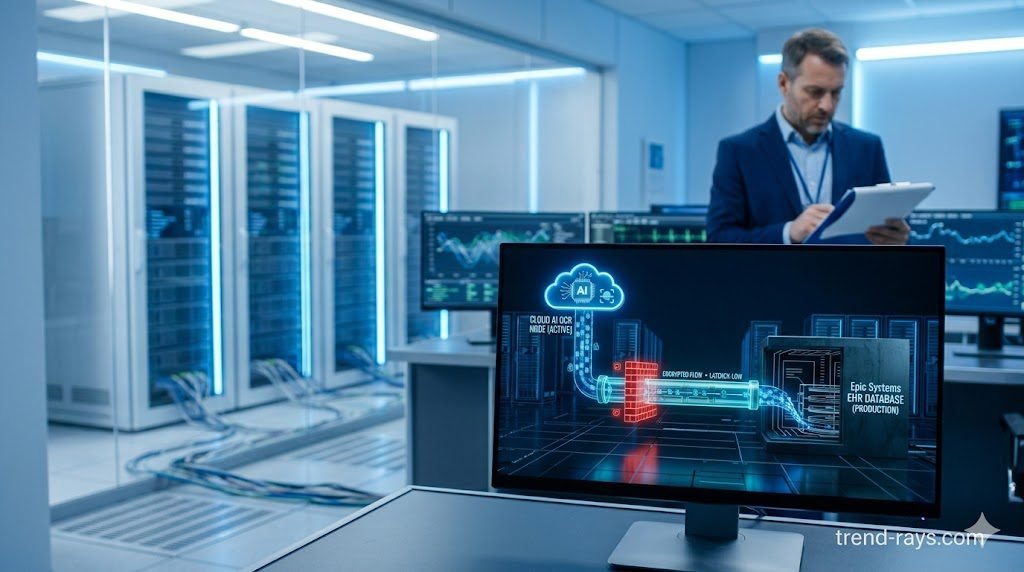 A highly photorealistic, 16:9 cinematic image of a modern hospital IT operations center. In the foreground, a glowing monitor displays a complex technical routing diagram connecting a cloud AI node to an "Epic Systems EHR" database node. In the blurred background, a healthcare IT director in a sharp suit is reviewing compliance documents. Clean, clinical blue and white lighting.