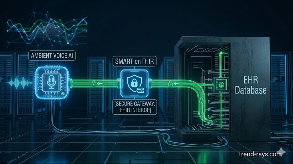 A clean, photorealistic 16:9 3D conceptual diagram of healthcare cloud infrastructure. On the left, a glowing "Ambient Voice AI" microphone icon routes a green, encrypted data stream through a secure digital gateway labeled "SMART on FHIR" directly into a massive, secure digital vault labeled "EHR Database." Clinical blue and green color palette.