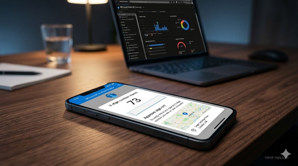 A photorealistic, 16:9 cinematic image of a modern smartphone resting on a sleek wooden corporate desk. The phone screen displays a bright Microsoft Authenticator prompt demanding a "2-digit number match," alongside a tiny digital map showing a login location. In the subtly blurred background, a glowing laptop screen shows the Entra ID security dashboard. Moody, premium tech lighting.