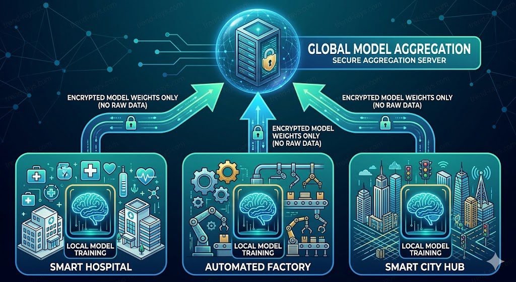 Three distinct, separate edge locations are shown on the bottom: a "SMART HOSPITAL" icon, an "AUTOMATED FACTORY" icon, and a "SMART CITY HUB" icon. Inside each location is a small brain icon labeled "LOCAL MODEL TRAINING".

Arrows labeled "ENCRYPTED MODEL WEIGHTS ONLY (NO RAW DATA)" flow upward from these three locations converging at a central, secure server icon at the top labeled "GLOBAL MODEL AGGREGATION".
