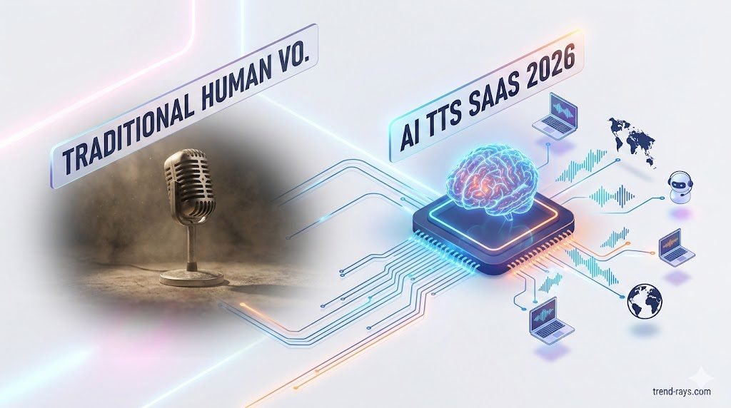 A sleek, futuristic isometric 3D illustration. On the left side, a stylized old-fashioned studio microphone stands in a dusty environment, labeled with large text as "TRADITIONAL HUMAN VO." on a floating banner. On the right side, connected by glowing blue and orange digital lines, is a glowing neural network brain processor, labeled as "AI TTS SAAS 2026." This brain is instantly generating digital sound wave files that spread out to icons representing laptops, global maps, and virtual assistants. The background is a clean white studio with subtle neon light reflections. Include the watermark "trend-rays.com" subtly in the bottom right corner.
