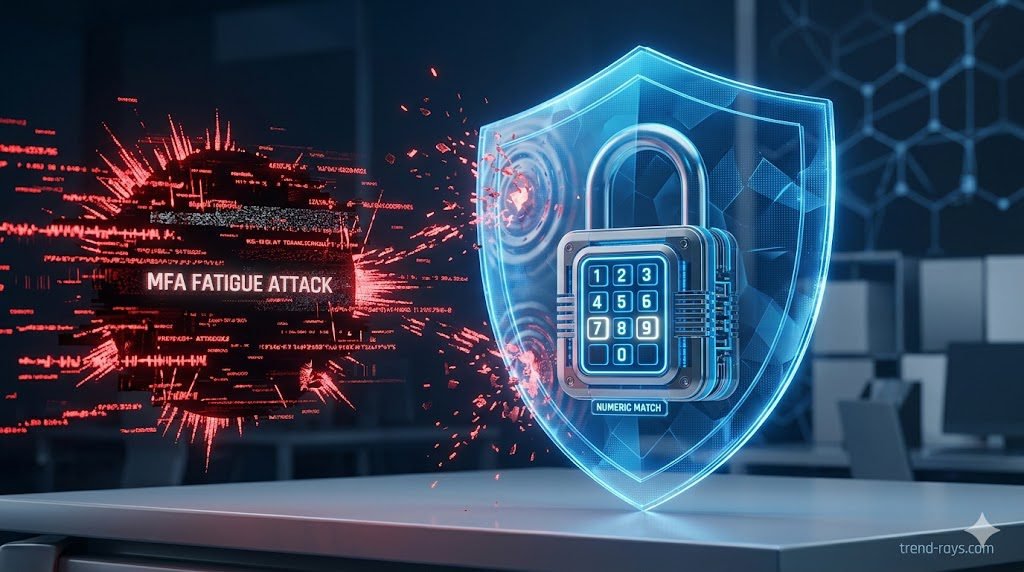 A 16:9 minimalist, conceptual 3D render. On the left, a dark, chaotic cluster of red digital signals representing an "MFA Fatigue Attack" is bombarding a central glowing blue digital shield. The shield has a massive, secure padlock on it featuring a bright 2-digit number keypad, successfully deflecting the red signals. Clean corporate cybersecurity aesthetic. 