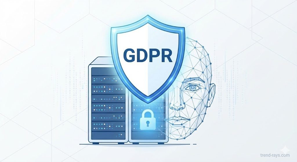 Best AI Avatar Generators for Corporate Training & B2B Presentations in Europe (2026) 2 Image Prompt: A conceptual, modern vector illustration showing a glowing shield with the letters "GDPR" locking over a server rack and a digital human face. The style should be clean, minimalist, and suitable for a B2B SaaS blog.