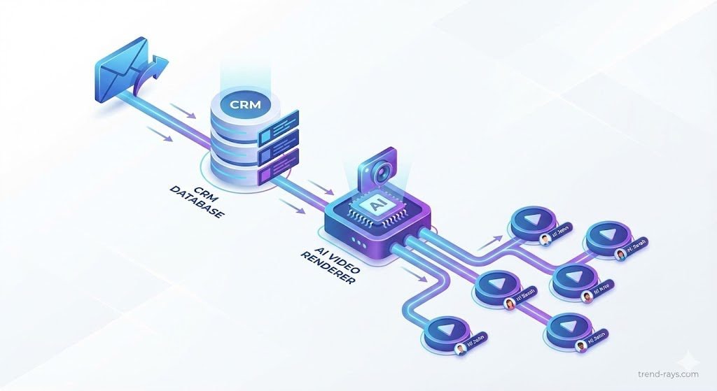 Best AI Avatar Generators for Corporate Training & B2B Presentations in Europe (2026) 3 Image Prompt: A clean, isometric 3D infographic showing a workflow funnel. An email icon flows into a CRM database icon, which then flows into an AI video rendering node, outputting multiple personalized video play buttons. The aesthetic should be modern, utilizing white space, corporate blues, and tech purples.