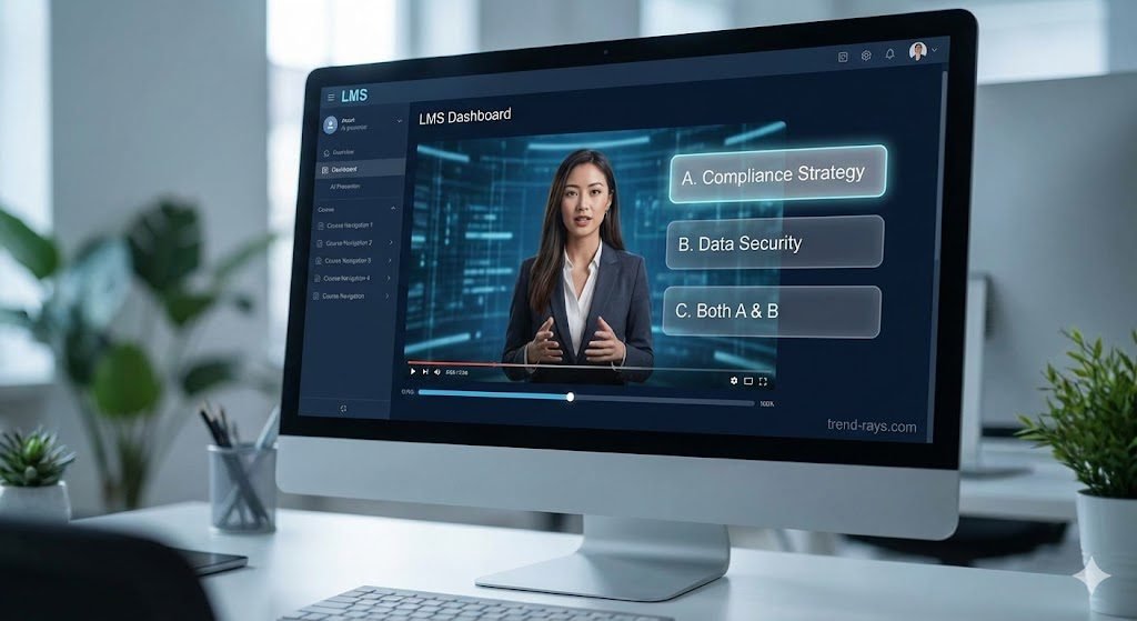 Best AI Avatar Generators for Corporate Training & B2B Presentations in Europe (2026) 4 Image Prompt: A mockup of a futuristic but realistic Learning Management System (LMS) dashboard on a sleek computer monitor. The screen shows a video player with an AI presenter, alongside interactive multiple-choice quiz buttons hovering over the video. Soft office lighting in the background.
