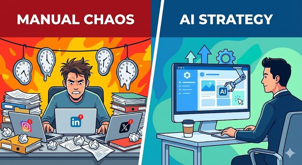 Prompt: A split-screen conceptual illustration in a modern, clean digital art style. On the left side, labeled "MANUAL CHAOS," a stressed solo entrepreneur is buried under paperwork, multiple open laptops with chaotic social media icons (Instagram, LinkedIn, X), clocks melting, and a frustrated expression. The colors are chaotic reds and oranges. On the right side, labeled "AI STRATEGY," the same entrepreneur sits calmly at a clean desk with a single coffee cup, looking at a streamlined dashboard on one screen showing upward trend arrows and a robotic arm icon subtly organizing content blocks. The colors are calming blues and greens. The overall aesthetic is professional tech blog graphic.
