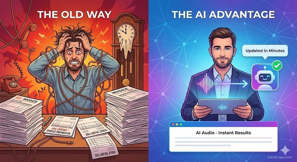 Prompt: A split-screen conceptual illustration in a modern tech art style. The left side is colored in chaotic reds and oranges, titled "THE OLD WAY." It shows a stressed small business owner tangled in old telephone wires, with a stack of expensive invoices from a recording studio and a clock melting. The right side is colored in calming blues and purples, titled "THE AI ADVANTAGE." It shows the same business owner calmly looking at a sleek tablet displaying a sound wave icon turning into a friendly robot head icon, with a "Updated in Minutes" notification. The background is a clean, digital network pattern.