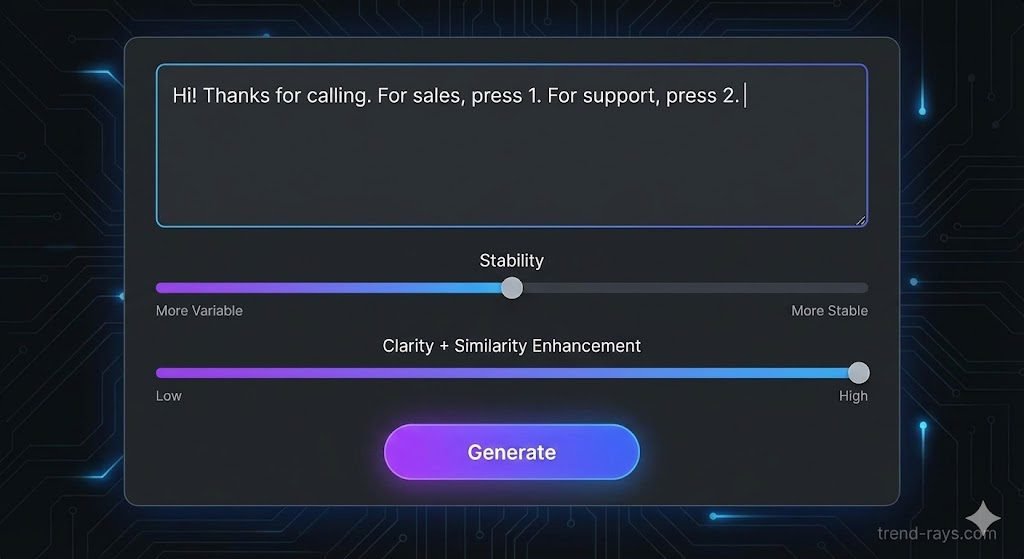 Prompt: A close-up screenshot illustration of a modern, dark-mode AI voice generation software interface, similar to ElevenLabs. The main part of the screen shows a text input box containing the text: "Hi! Thanks for calling. For sales, press 1. For support, press 2." Below the text box, there are prominent slider controls. One is labeled "Stability" with the slider set slightly to the left (towards "More Variable"), and another is labeled "Clarity + Similarity Enhancement" with the slider set far to the right (towards "High"). A large, glowing button labeled "Generate" is below the sliders. The overall look is clean and high-tech. Please ensure a subtle watermark reading 'trend-rays.com' is placed in the bottom right corner.