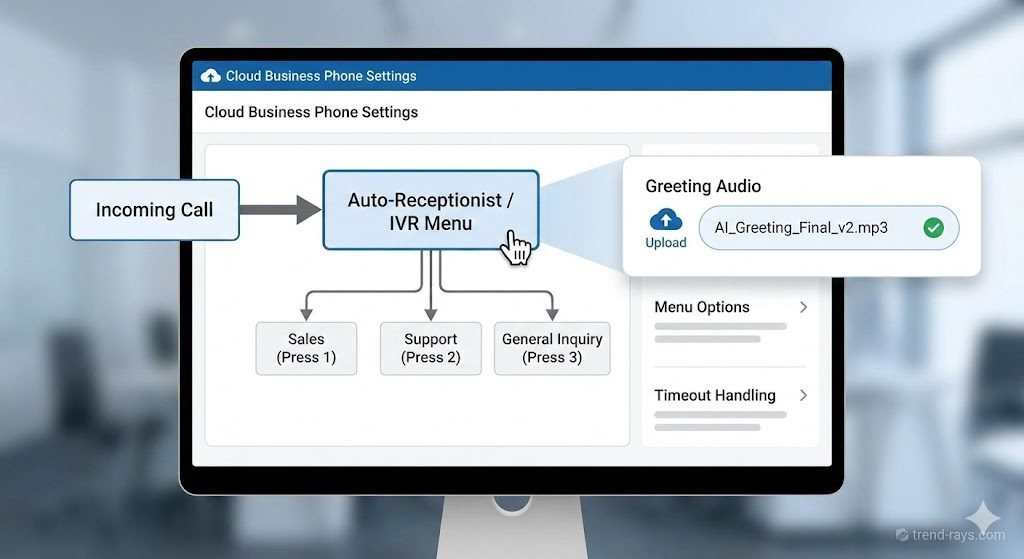 Prompt: A diagrammatic illustration of a cloud-based VoIP phone system dashboard displayed on a desktop monitor. The screen shows a visual call flow chart. A box labeled "Incoming Call" has an arrow pointing to a central box labeled "Auto-Receptionist / IVR Menu." Clicking this box reveals a settings panel on the side. In the settings panel, under a heading "Greeting Audio," there is an "Upload" icon next to a file field showing the filename "AI_Greeting_Final_v2.mp3" with a green checkmark. The branding at the top of the dashboard says "Cloud Business Phone Settings." Please ensure a subtle watermark reading 'trend-rays.com' is placed in the bottom right corner.