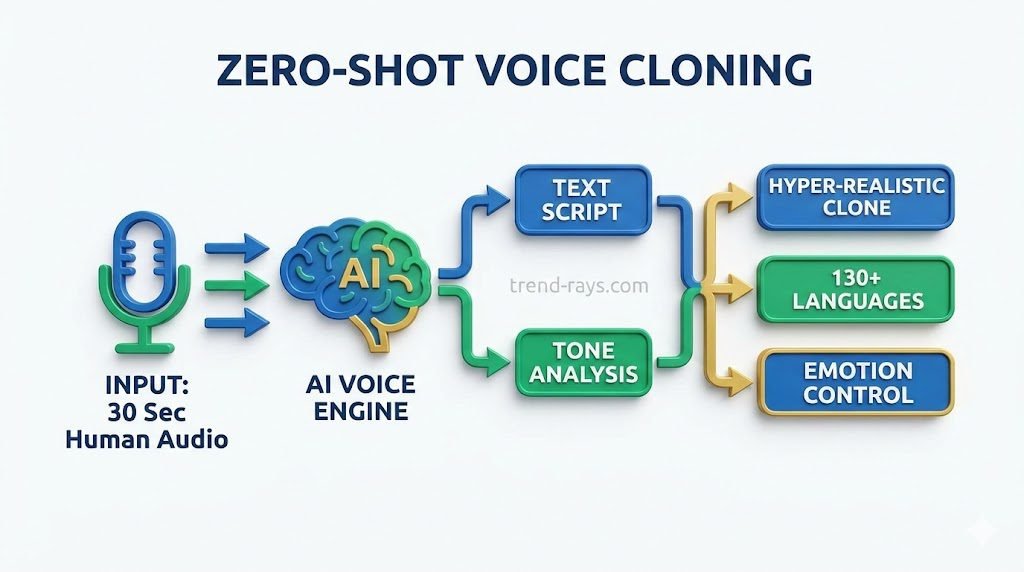 Audio Scams vs. Pranks: How Cybersecurity SaaS is Fighting Back 2 A clean, professional 3D infographic diagram illustrating the step-by-step process of zero-shot voice cloning. The flow moves horizontally. 1. A microphone icon labeled "INPUT: 30 Sec Human Audio." 2. Arrows lead to a stylized 'AI VOICE ENGINE' brain icon. 3. This brain feeds into two paths: a path labeled "TEXT SCRIPT" and another labeled "TONE ANALYSIS." 4. These two merge to produce multiple outputs: one labeled "HYPER-REALISTIC CLONE," another "130+ LANGUAGES," and another "EMOTION CONTROL." The entire diagram uses blue, green, and gold colors, presented on a clean white background.
