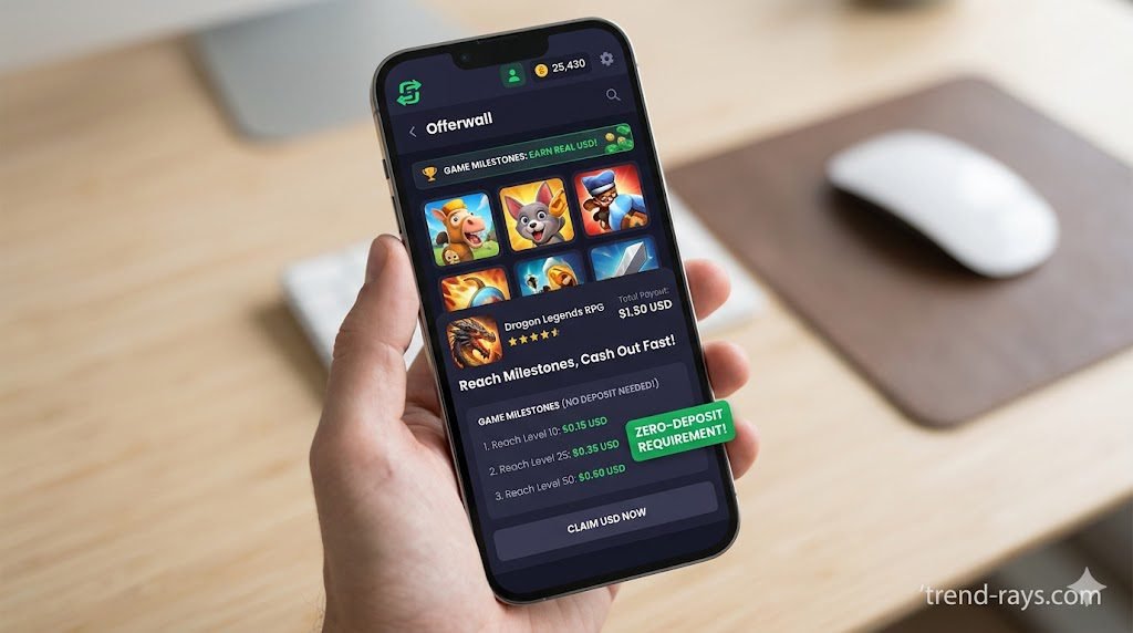 7 Free PayPal Games That Pay Real Money Without a Deposit (2026) 1 A screenshot of the Freecash offerwall showing a game milestone that pays out in real USD, with a 'zero-deposit' requirement highlighted.