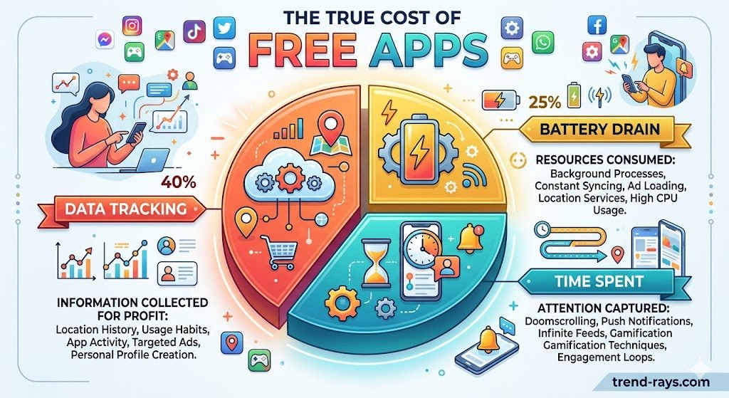 7 Free PayPal Games That Pay Real Money Without a Deposit (2026) 3 The True Cost of Free Apps" showing a pie chart divided into Data Tracking, Battery Drain, and Time Spent.