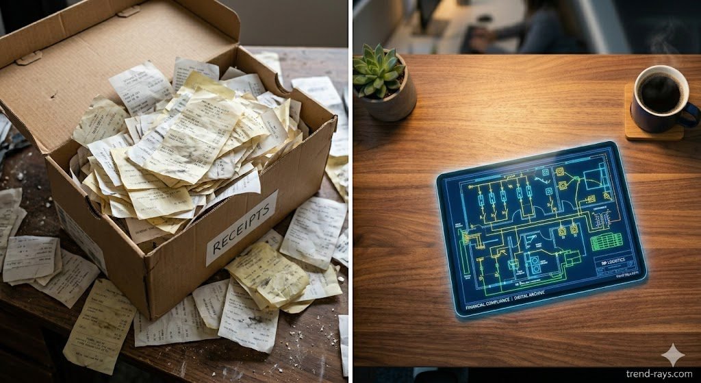 Top 5 Automated Receipt Tracking Apps for Australian Tradies (Xero & MYOB Integrated) 2 A split-screen concept image. On the left side, a messy overflowing shoebox full of crumpled paper receipts. On the right side, a sleek, glowing digital tablet displaying a clean, organized financial graph. The image should convey the transition from messy paper to organized digital compliance.