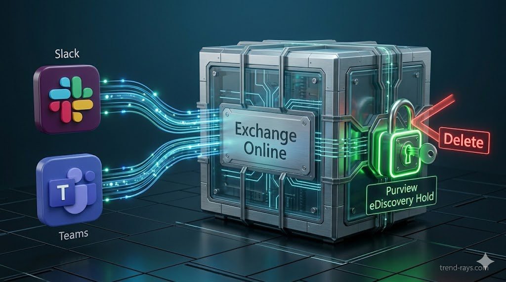 A clean, photorealistic 16:9 3D conceptual diagram of legal tech cloud infrastructure. On the left, glowing data streams from a "Slack" icon and a "Teams" icon flow into a central, highly secure digital vault labeled "Exchange Online." On the right, a glowing green padlock labeled "Purview eDiscovery Hold" secures the vault, preventing a red "Delete" command from executing. Clean, high-tech corporate aesthetic. 