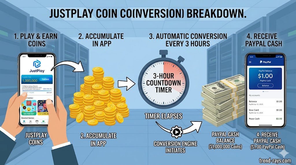 7 Free PayPal Games That Pay Real Money Without a Deposit (2026) 2 A visual breakdown showing the JustPlay 3-hour countdown timer converting coins to a PayPal cash balance.