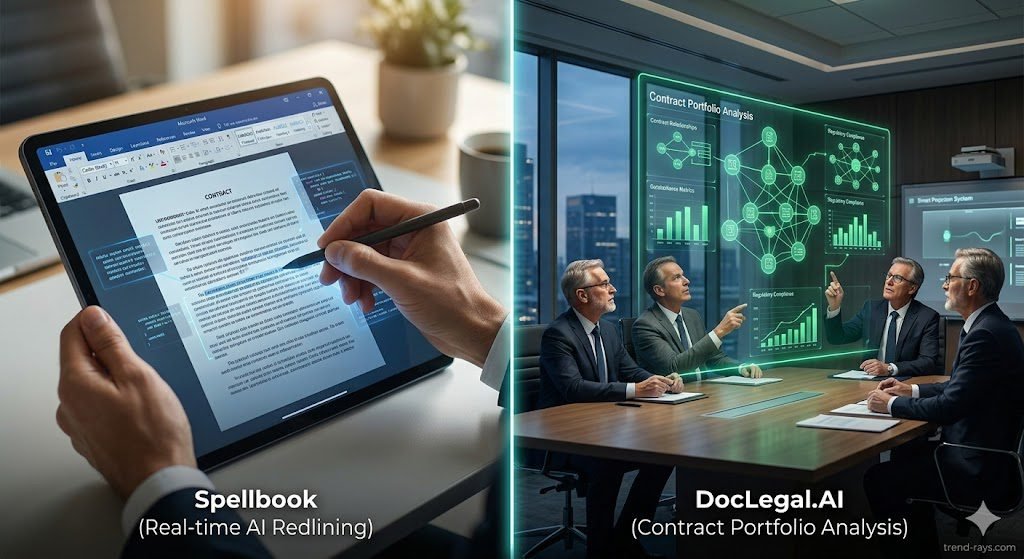 A split-screen, high-tech conceptual image of two contrasting legal workflows. The left side (representing Spellbook) shows a close-up of a modern professional's hand using a stylus on a sleek tablet screen inside Microsoft Word, with subtle, glowing blue AI code suggesting real-time contract redlining. The right side (representing DocLegal.AI) shows a wider shot of a corporate boardroom with multiple senior lawyers reviewing a complex, three-dimensional glowing green data visualization of a contract portfolio and compliance metrics. Cinematic lighting, professional enterprise tech aesthetic.