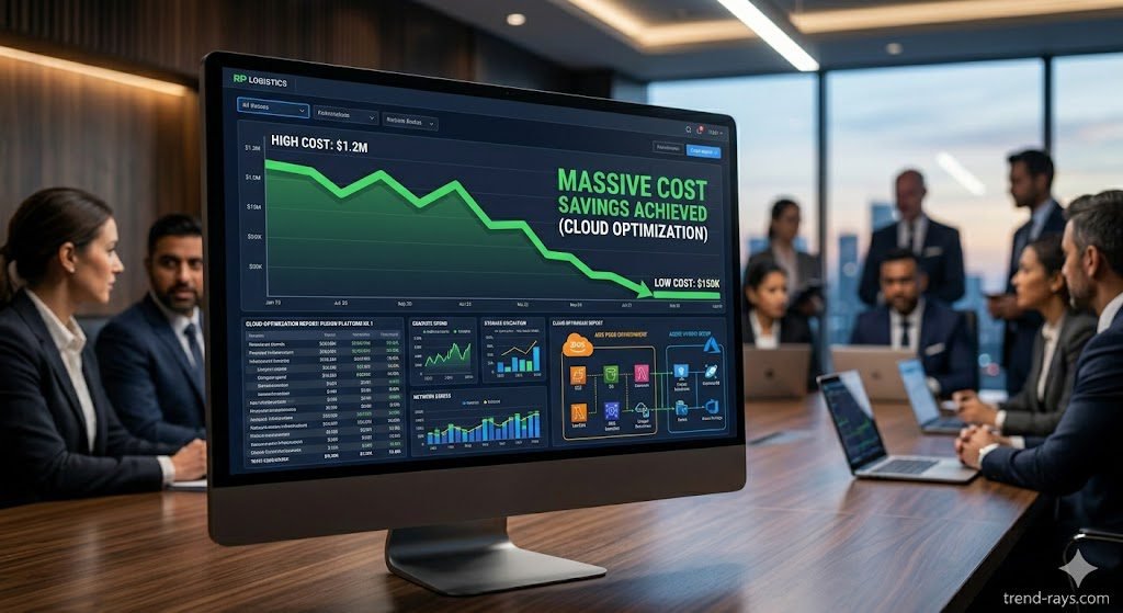 A high-quality, photorealistic image of a sleek, dark-mode financial dashboard glowing on a large computer monitor in a modern corporate boardroom. The screen shows complex data graphs, AWS/Azure architecture diagrams, and a prominent green trend line moving sharply downward, symbolizing massive cost savings. The atmosphere is high-tech, executive, and financially focused. Cinematic lighting.