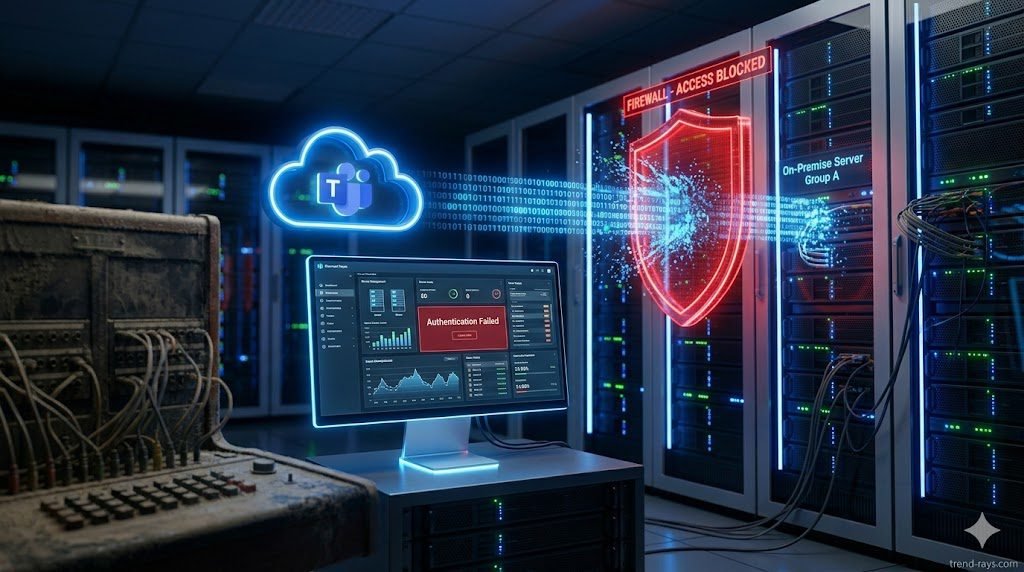 A photorealistic, 16:9 cinematic image of a dark corporate IT server room. In the foreground, a glowing monitor displays a high-tech server dashboard showing a red error reading "Authentication Failed." A glowing blue digital data stream attempting to travel from an on-premise server rack to a cloud icon is physically blocked by a red firewall shield. High contrast, emergency tech lighting.