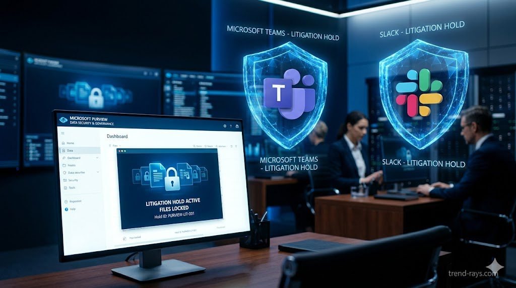 A highly photorealistic, 16:9 cinematic image of a modern legal tech operations center. In the foreground, a sleek glowing monitor displays a high-tech "Microsoft Purview" dashboard locking down digital files. In the background, floating 3D holographic logos of Microsoft Teams and Slack are encased in glowing blue digital shields representing a litigation hold. High contrast, professional corporate lighting (deep blues and crisp whites). 