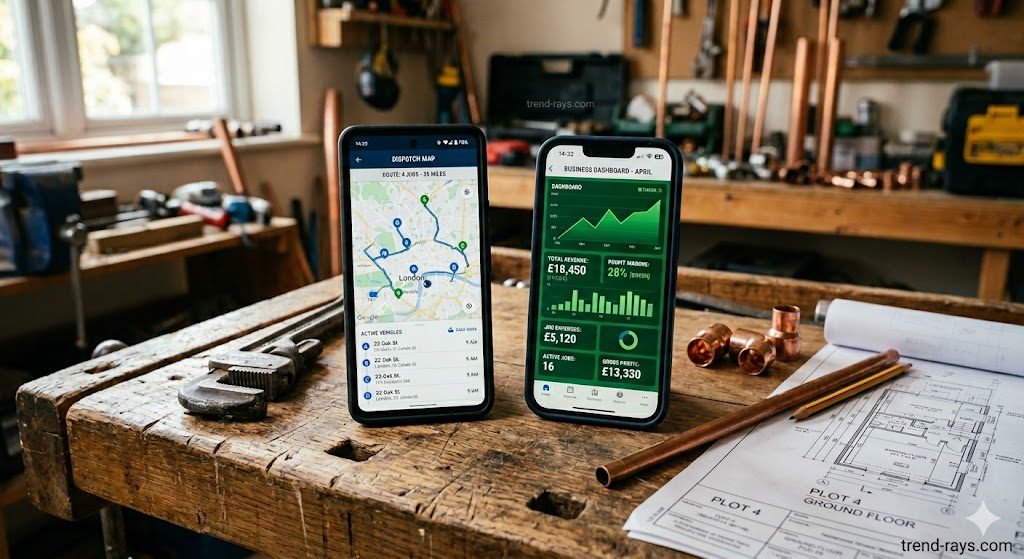 A high-quality, photorealistic image of two modern smartphones resting on a rugged wooden workbench. One phone shows a digital map with dispatch routes, the other shows a financial dashboard with green profit margins. Around the phones are a few clean plumbing tools (a wrench, copper fittings) and a rolled-up blueprint. Warm, natural daylight, cinematic lighting.