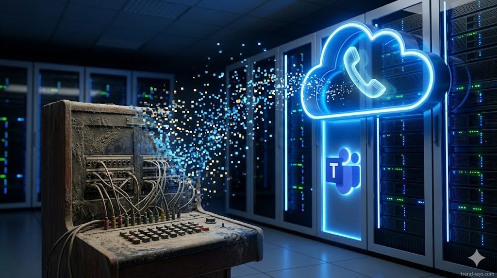 Migrating Legacy PBX to Teams Phone: Direct Routing vs. Operator Connect 1 A highly photorealistic, 16:9 cinematic image of a modern enterprise IT server room. In the foreground, an old, dusty physical PBX telephone switchboard is fading away into glowing digital pixels. The pixels flow upwards into a sleek, glowing blue cloud server adorned with the Microsoft Teams logo. A glowing digital phone receiver hovers inside the cloud. High contrast, professional corporate lighting.