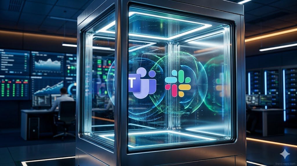 A highly photorealistic, 16:9 cinematic 3D render of a secure corporate digital vault. Inside the glowing glass vault, holographic 3D logos of Microsoft Teams and Slack are safely frozen in mid-air, surrounded by glowing blue and green digital forcefields. Outside the vault, a blurred, high-tech cybersecurity operations center is visible. Deep corporate blues, crisp whites, and amber accent lighting. 8k resolution, Unreal Engine 5 style, depth of field.