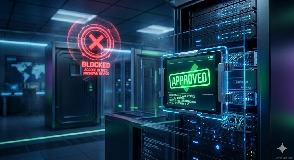 Top 7 Application Control Software for Essential Eight Compliance (Australia) 2 A conceptual, photorealistic image of a futuristic security checkpoint. A glowing green 'APPROVED' stamp or digital checkmark is visible on a glowing tablet screen, while a red 'BLOCKED' symbol hovers in the background. The image should convey strict access control and whitelisting.