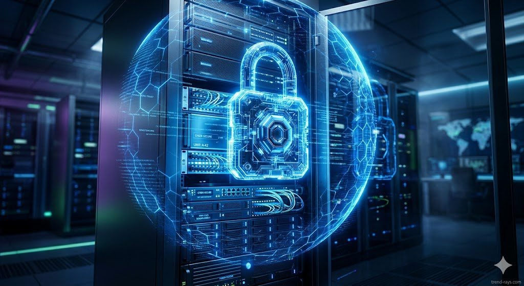 A high-tech, cinematic image of a glowing digital padlock hovering over a sleek server rack or laptop. The padlock is projecting a glowing blue shield or 'forcefield' around the hardware, symbolizing Zero Trust architecture and ringfencing. Professional, corporate cybersecurity aesthetic.