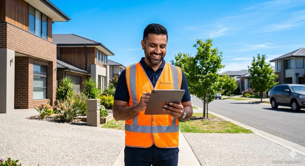 ServiceM8 vs. Fergus: The Brutally Honest Guide for Aussie Plumbers (2026) 4 AI Prompt: A professional Indian business owner in a clean high-vis vest and polo shirt, smiling confidently while looking at a tablet. He is standing outdoors with a bright, clear blue sky and modern Australian suburban homes in the background. The image should convey success, remote business management, and professionalism.