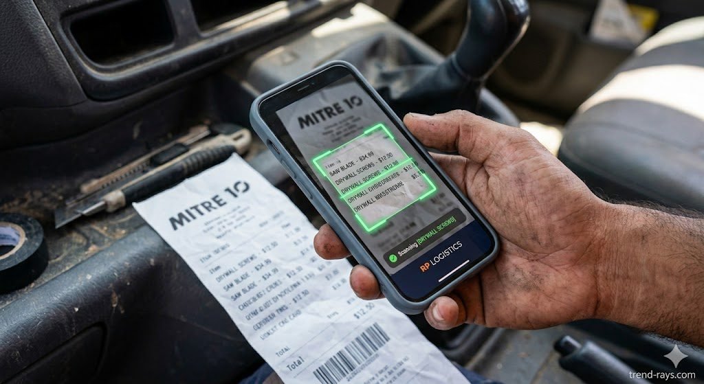 A high-quality, photorealistic close-up of a tradie's hand holding a modern smartphone over a crumpled hardware store receipt. The smartphone screen shows a glowing green scanning box capturing the receipt. The background is slightly blurred, showing the dashboard of a dusty utility van. Cinematic lighting, professional aesthetic.