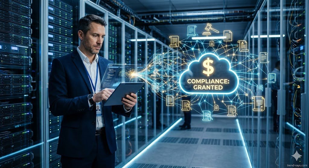 A cinematic photograph of a clean, futuristic server data center aisle. In the foreground, a professional (IT Manager) in a suit is holding a sleek tablet. A complex, glowing data stream of interconnected legal document icons and neural network lines is being projected from the tablet into a stylized data cloud icon. The data stream converges on a central, glowing digital dollar sign ($) and text that reads "COMPLIANCE: GRANTED." This represents automated financial arbitrage and portfolio risk optimization. Electric blue and gold accents.