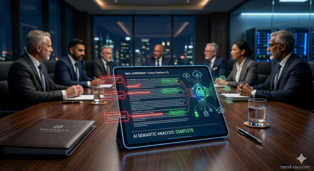 A cinematic, photorealistic image of a sleek, modern law firm boardroom. On the mahogany table rests a glowing digital tablet displaying a complex contract with holographic red and green highlighted text, symbolizing AI semantic analysis. The atmosphere is professional, high-trust, and cutting-edge. Cinematic lighting.