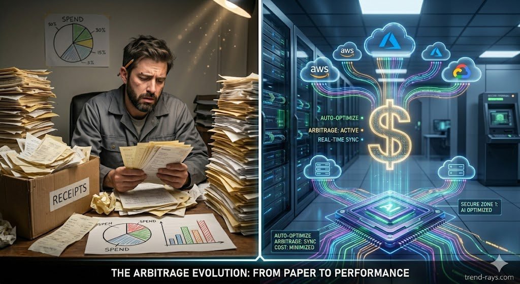A split-screen conceptual image. On the left, a frustrated engineer manually reviewing stacks of paper invoices and basic pie charts. On the right, a futuristic AI processor seamlessly managing server racks, with glowing data streams connecting cloud infrastructure icons to a digital dollar sign, representing automated financial arbitrage. Professional enterprise tech aesthetic.