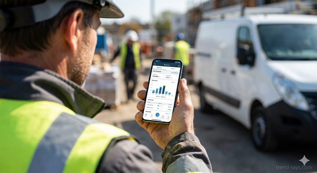 ServiceM8 vs. Fergus: The Brutally Honest Guide for Aussie Plumbers (2026) 2 A close-up, over-the-shoulder shot of a tradesman's hand holding a sleek, modern iPhone on a bright job site. The screen is glowing. In the blurred background, there is a white utility van. The image should convey speed and modern mobile technology. High resolution, photorealistic.