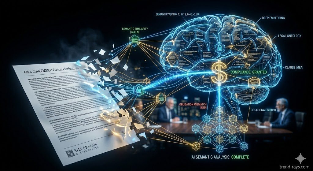 A conceptual, high-tech image showing a traditional paper contract disintegrating into glowing digital data nodes. The nodes are connected by glowing laser lines, forming a mathematical network or neural brain, symbolizing vector embeddings and deep semantic understanding of legal text. Dark background, electric blue and gold accents.