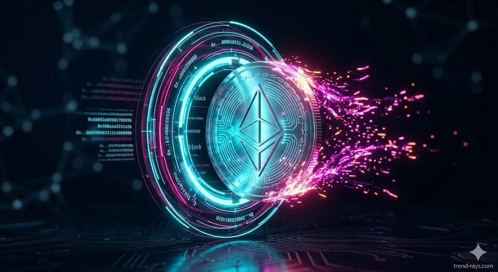 The True Cost of Crypto Gaming Payouts: Escaping Gas Fees on GPT Sites 2 A high-tech, futuristic 3D render of a glowing digital coin (Ethereum/Web3 style) passing through a glowing digital data-gate. The coin is shedding bright neon particles as it passes through, representing network gas fees being deducted from the transaction. Cinematic macro photography, dark background with vibrant neon cyan and magenta lighting, professional B2B tech blog aesthetic, 8k resolution.