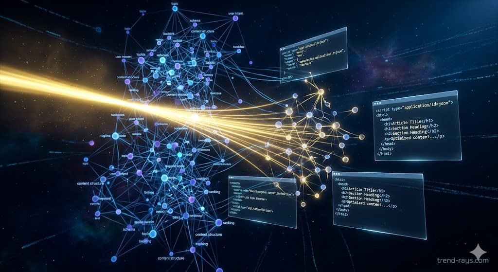 The Ultimate 2026 Guide to Enterprise GEO (Generative Engine Optimization) Tracking Tools 2 An abstract, futuristic visualization of 'Agentic SEO' and entity graphing. A glowing, interconnected network of semantic data points (nodes, glowing text fragments, and technical schema) floating in 3D space, being actively organized by a focused beam of bright golden light representing an AI agent. The AI is restructuring the chaotic raw data into clean, structured HTML code visible on translucent floating screens. The overall color palette is deep blue, black, and gold.
