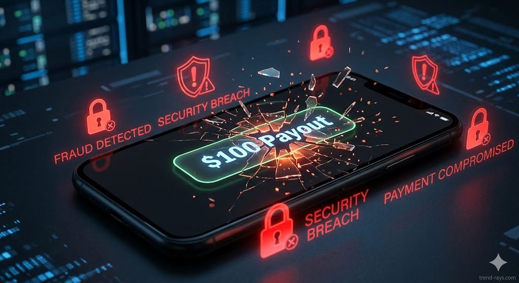 Prompt: A cinematic, high-tech conceptual image of a modern smartphone displaying a glowing "$100 Payout" button that is cracking and shattering like glass. Red cybersecurity warning lights and digital padlock icons surround the phone, indicating fraud. Dark mode aesthetic, 8k resolution, professional tech blog style.