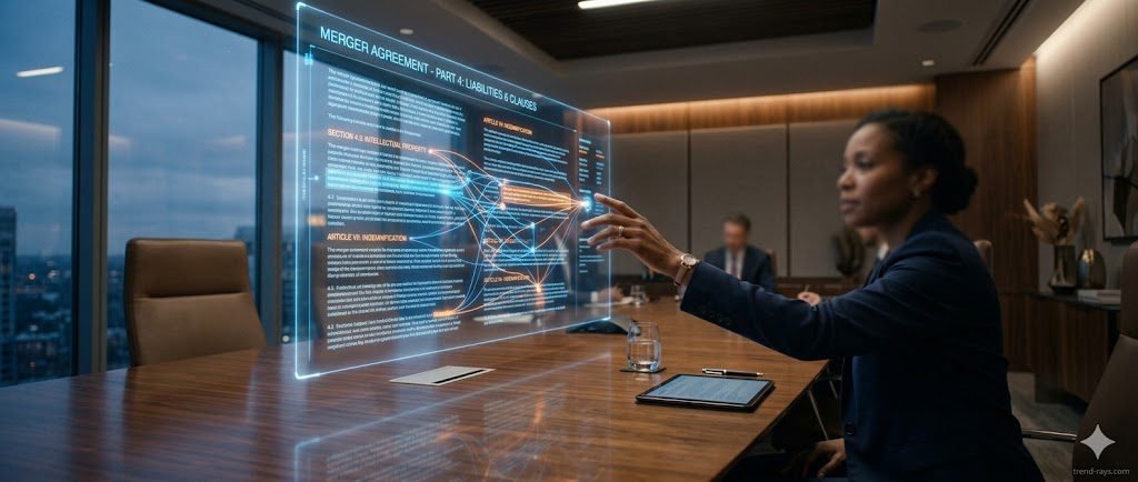 A wide, cinematic photograph captures a clean, professional legal environment transformed by technology. A large, transparent holographic display floats above a polished dark wood table, showing a complex legal document with glowing, translucent text segments. An abstract, interconnected network of blue and orange light paths, representing an AI neural network, is actively scanning and highlighting different clauses in real-time. A professional hand, belonging to a diverse attorney (only slightly visible, out of focus), is reaching towards the display. The room is softly lit with sophisticated accent lighting; subtle dust motes catch the light.