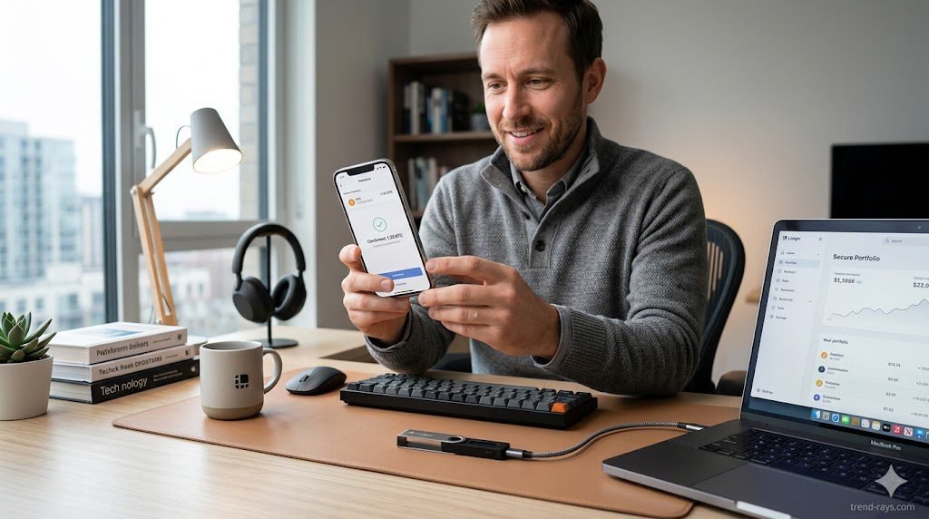 Take a high-quality, professional photograph of yourself holding a smartphone over a clean desk setup with a hardware wallet in the frame. Ensure your unedited face is visible and authentic. Use good lighting and post-production for sharp detail. You can add the "trend-rays.com" watermark in the corner later. This sends the strongest possible trust signal.