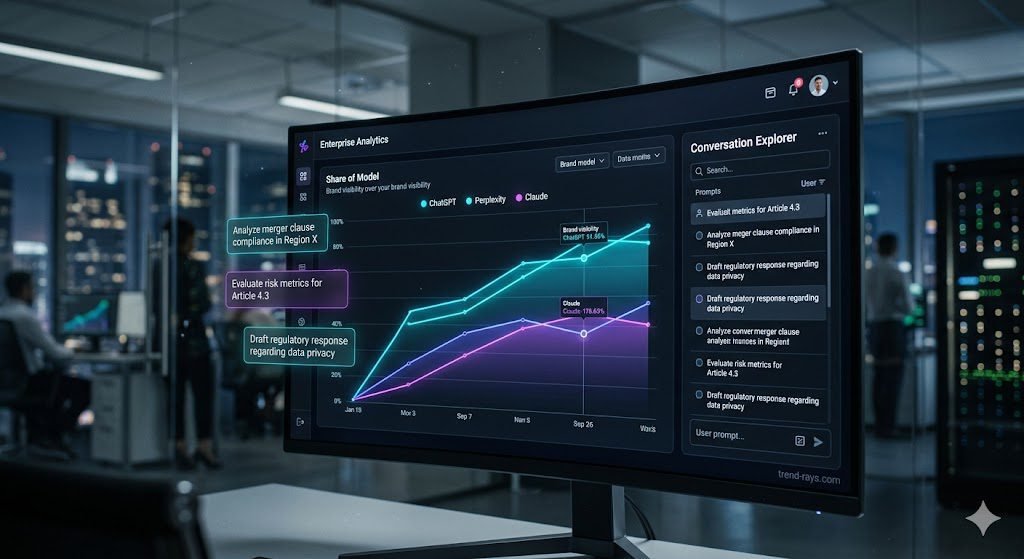 The Ultimate 2026 Guide to Enterprise GEO (Generative Engine Optimization) Tracking Tools 1 A sleek, dark-mode enterprise analytics dashboard displayed on a large curved monitor. The screen shows dynamic "Share of Model" graphs with glowing neon lines in cyan and purple, comparing brand visibility across ChatGPT, Perplexity, and Claude. To the side of the graph, a 'Conversation Explorer' module highlights specific user prompts. In the background, out of focus, is a modern corporate IT environment. The aesthetic is high-tech, authoritative, and cinematic.