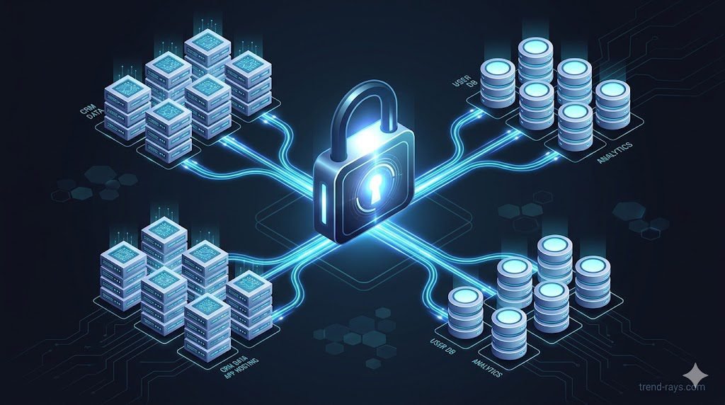 Prompt: An isometric 3D illustration of an enterprise cloud infrastructure network. Floating servers and database icons connected by glowing fiber optic light trails to a central, impenetrable glowing padlock. Clean vector-style rendering, dark background, professional B2B tech aesthetic