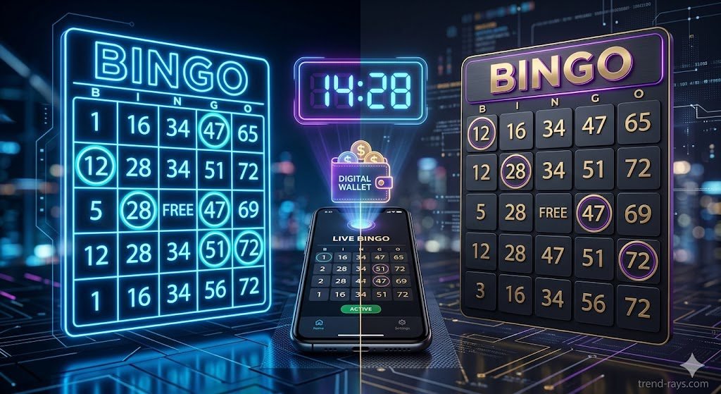 Prompt: A cinematic, split-screen conceptual image for a tech blog. On the left side, a stylized neon-blue Bingo card; on the right side, a sleek dark-mode Bingo board with purple and gold accents. In the center, a glowing digital clock and a digital wallet hovering over a modern smartphone screen. High-tech, professional aesthetic, sharp focus, 8k resolution.