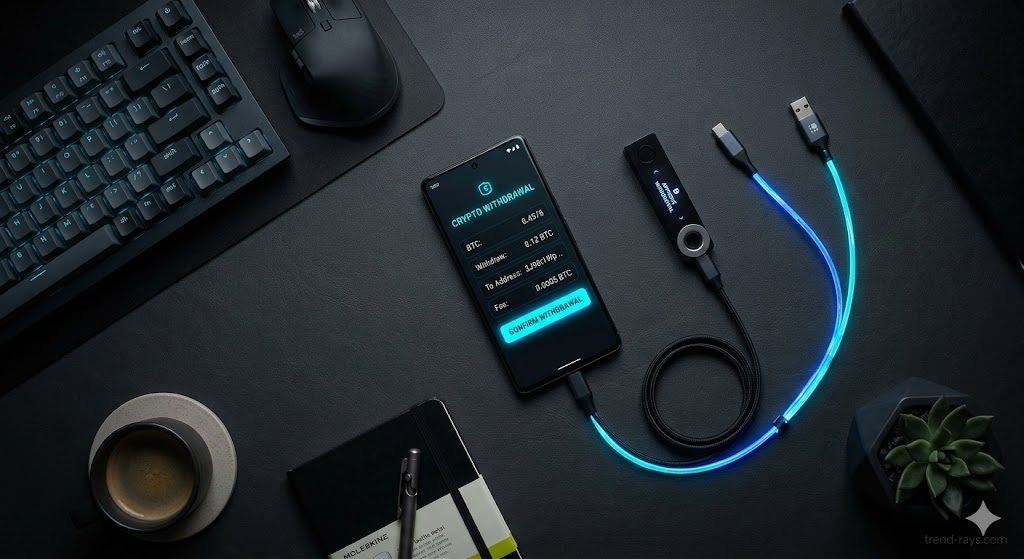 A cinematic, top-down flat lay of a dark graphite modern tech desk. A sleek smartphone rests in the center displaying a glowing digital crypto withdrawal interface with cyan and neon blue accents. Next to the phone is a matte black hardware crypto wallet (like a Ledger) and a glowing fiber-optic cable. Tech-forward, highly professional, sharp focus, 8k resolution, dramatic cinematic lighting.